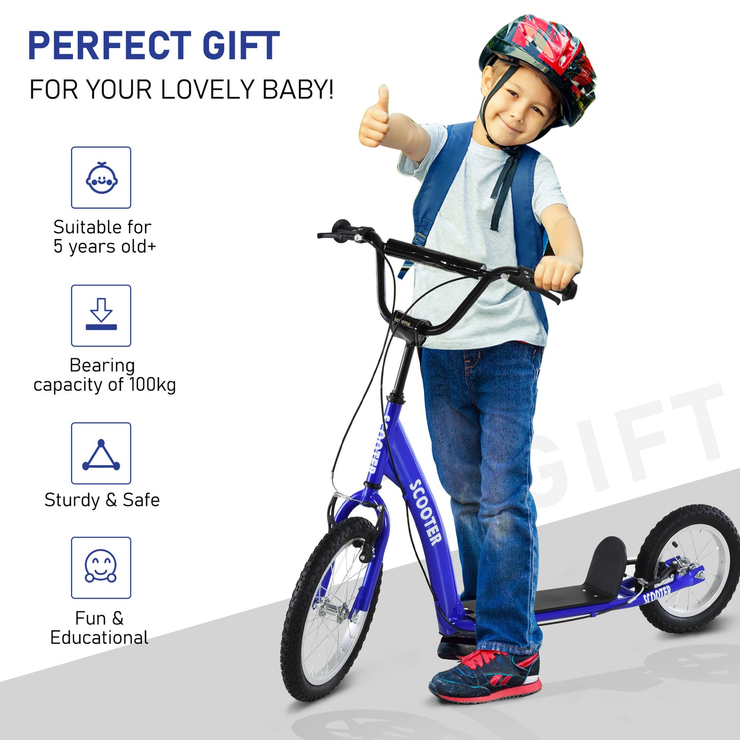 Kids Ride On Kick Scooter, Blue, Adjustable Handlebar, Dual Brakes, Inflatable Wheels, For Ages 5