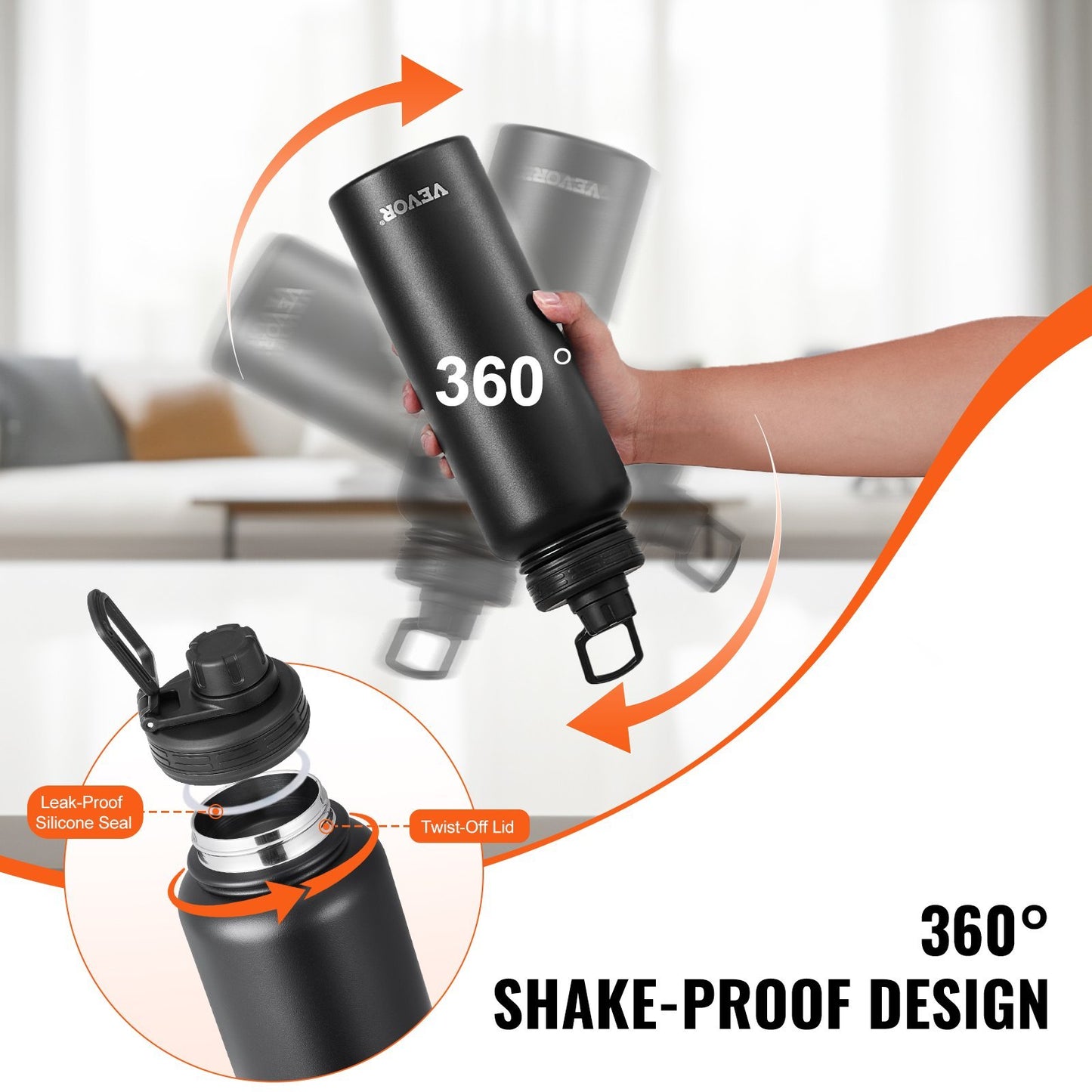 40 Oz Insulated Water Bottle Stainless Steel With Wide Mouth Lid Black