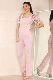 Silky Satin Puff Sleeves Ribbed Lounge Set