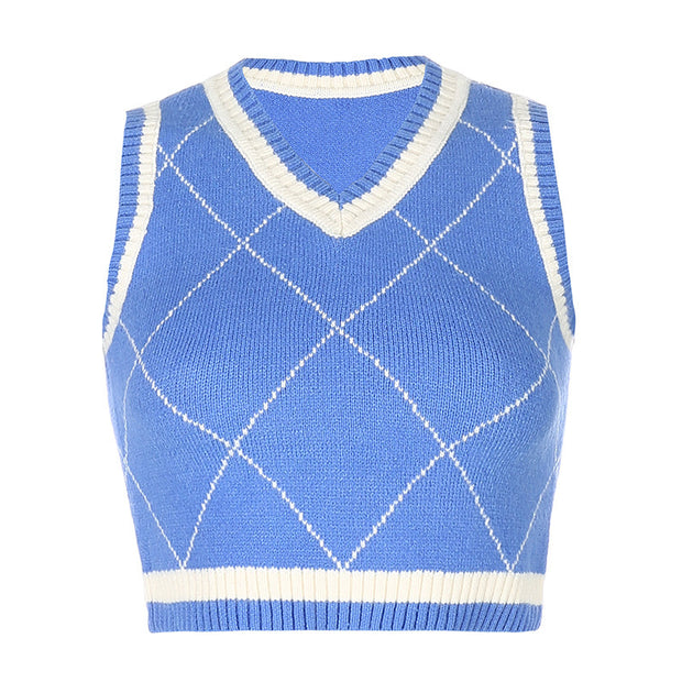Checked knitted vest vest
