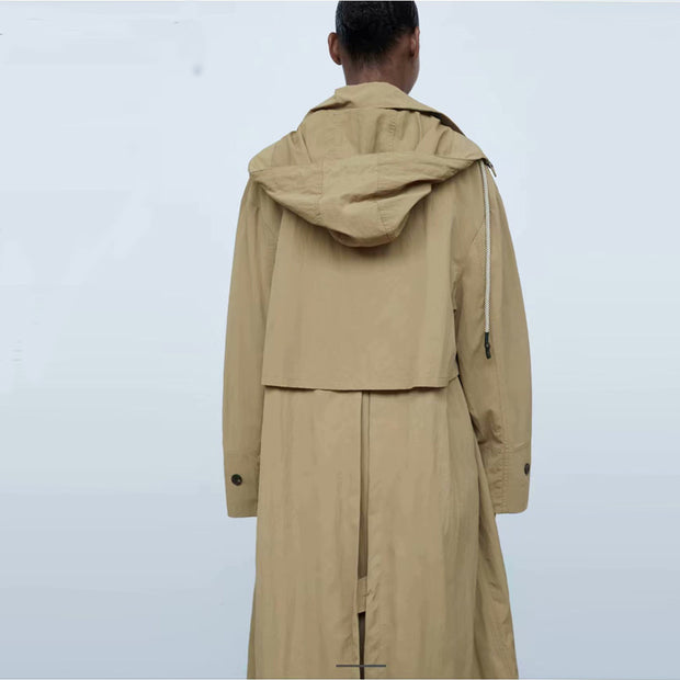 Single Breasted Khaki Solid Hooded Windbreaker