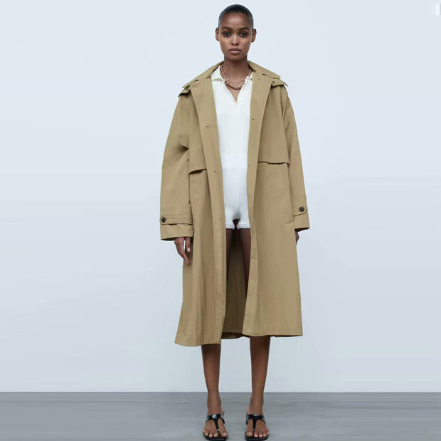 Single Breasted Khaki Solid Hooded Windbreaker