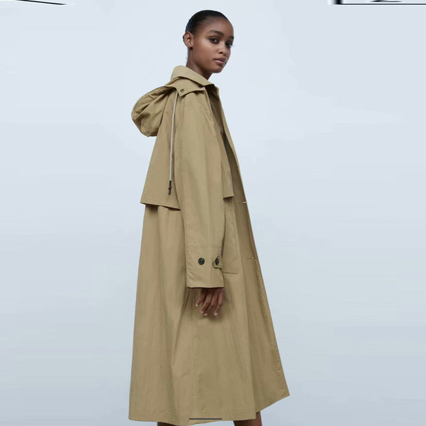 Single Breasted Khaki Solid Hooded Windbreaker