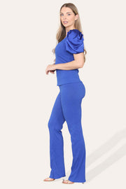 Silky Satin Puff Sleeves Ribbed Lounge Set