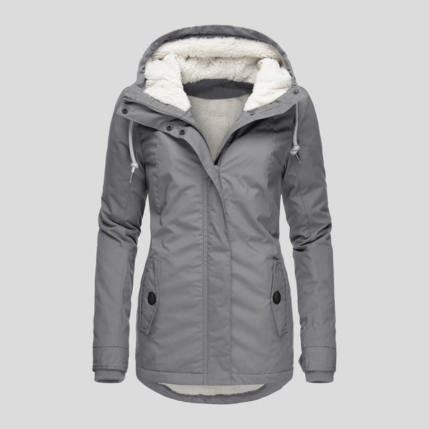 Winter Hooded Jacket Solid Color Warm Buckle Zip-up Fleece Jacket With Pockets Women's Casual Jacket