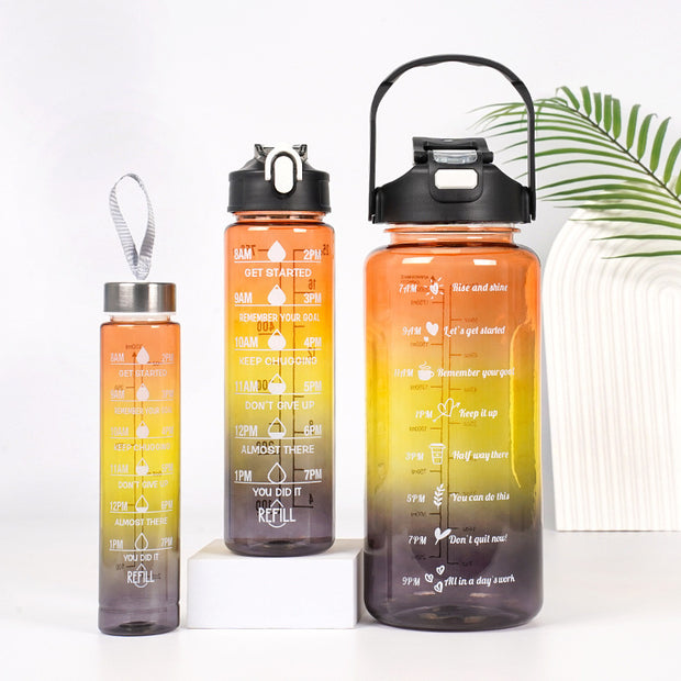 3-in-1 Gradient Color Motivational Water Bottles Set Plastic Straw Double Drink Translucent Outdoor Sports Bottle