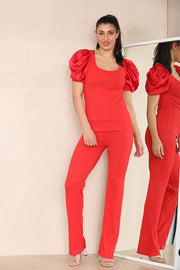 Silky Satin Puff Sleeves Ribbed Lounge Set