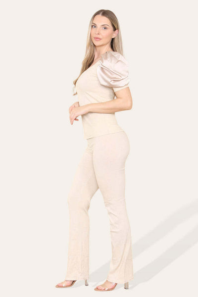 Silky Satin Puff Sleeves Ribbed Lounge Set