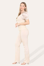 Silky Satin Puff Sleeves Ribbed Lounge Set