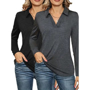 2 Packs Womens Polo Shirts Long Sleeve Business Casual Tops Collared V Neck Basic Tees Blouse