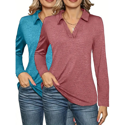 2 Packs Womens Polo Shirts Long Sleeve Business Casual Tops Collared V Neck Basic Tees Blouse