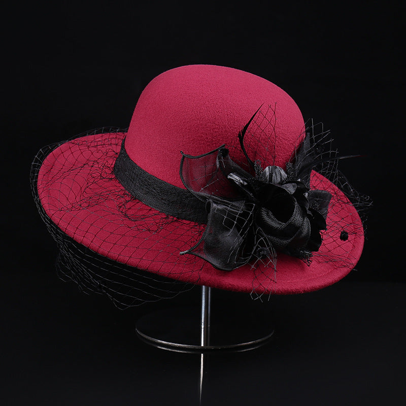 Net Yarn Flowers Woolen Basin Hat Female European And American French Hepburn Style