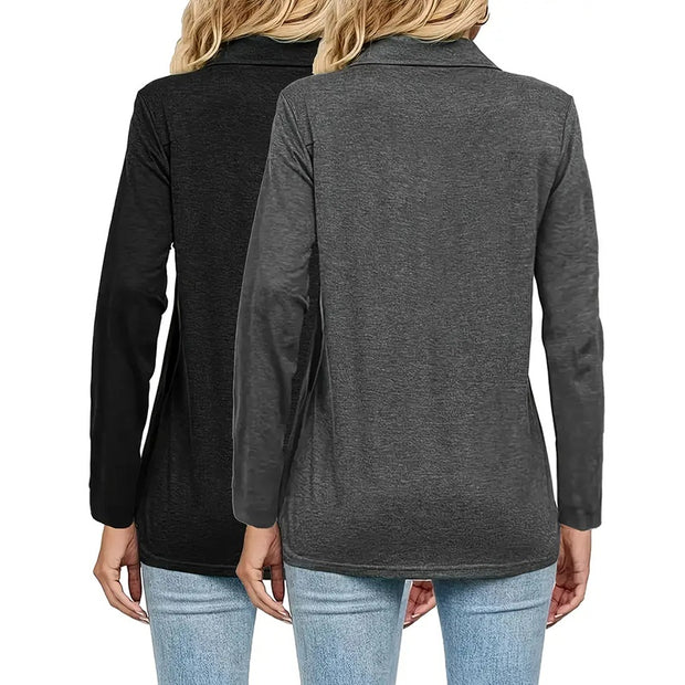 2 Packs Womens Polo Shirts Long Sleeve Business Casual Tops Collared V Neck Basic Tees Blouse