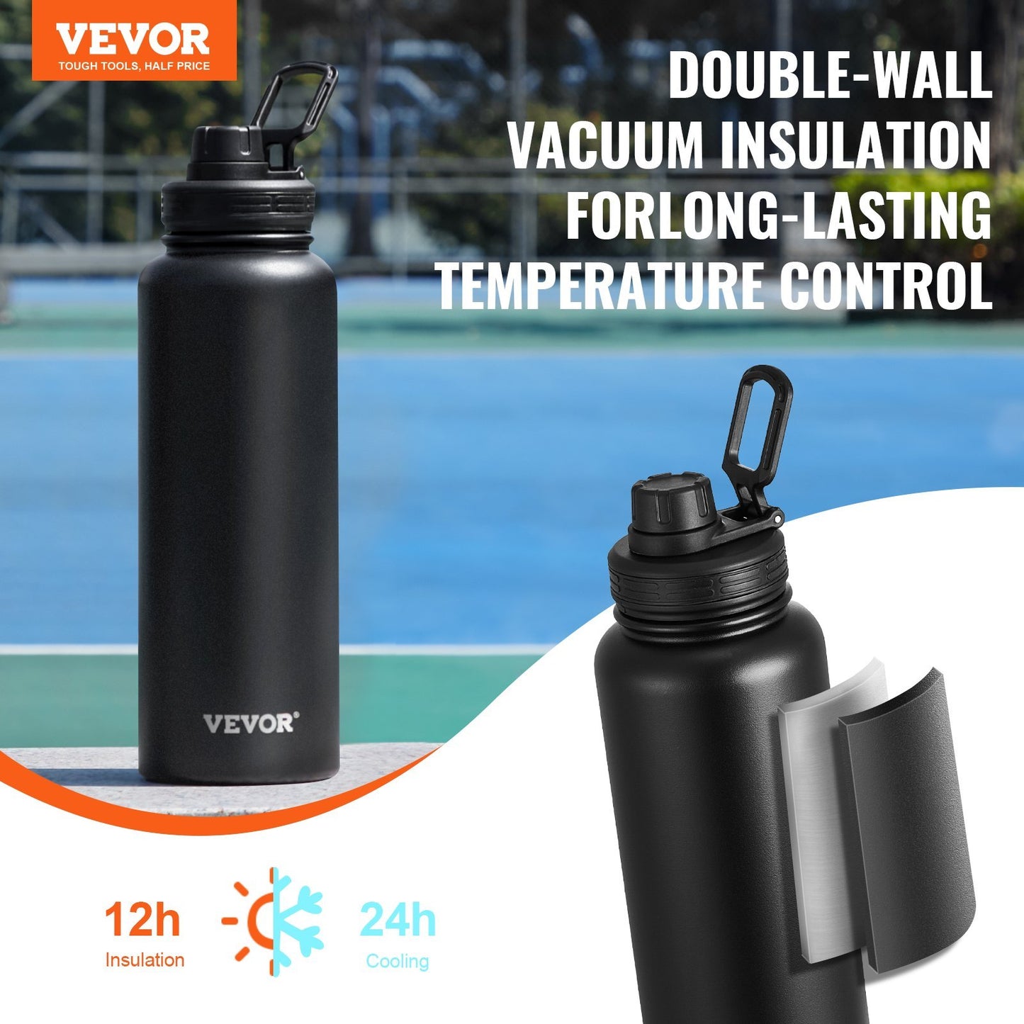 40 Oz Insulated Water Bottle Stainless Steel With Wide Mouth Lid Black