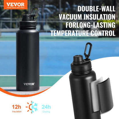 40 Oz Insulated Water Bottle Stainless Steel With Wide Mouth Lid Black