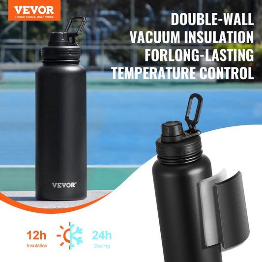40 Oz Insulated Water Bottle Stainless Steel With Wide Mouth Lid Black