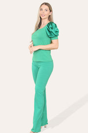 Silky Satin Puff Sleeves Ribbed Lounge Set