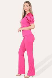 Silky Satin Puff Sleeves Ribbed Lounge Set