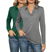 2 Packs Womens Polo Shirts Long Sleeve Business Casual Tops Collared V Neck Basic Tees Blouse