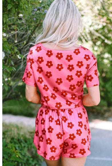 Rose Floral Print Crop Tee And Shorts Lounge Set
