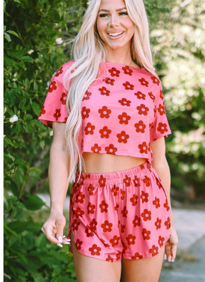 Rose Floral Print Crop Tee And Shorts Lounge Set