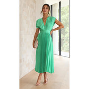 Summer V-neck Pleated Dress INS Fashion Casual Loose Zip Sleeveless Dresses For Women Clothing