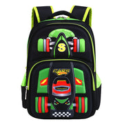 Backpack with race car design on a white background