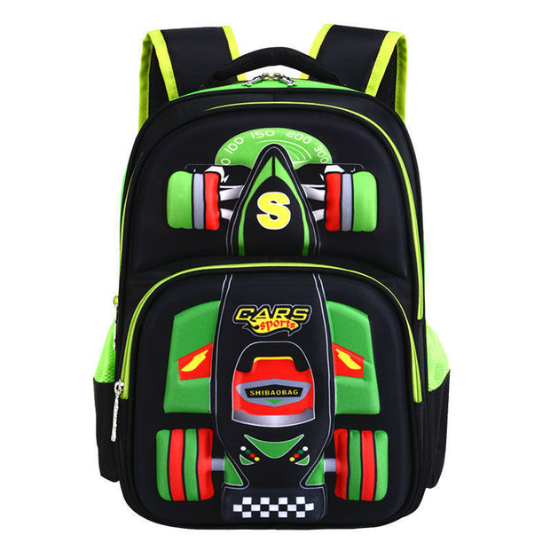 Backpack with race car design on a white background