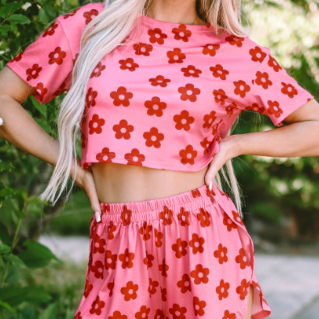 Rose Floral Print Crop Tee And Shorts Lounge Set