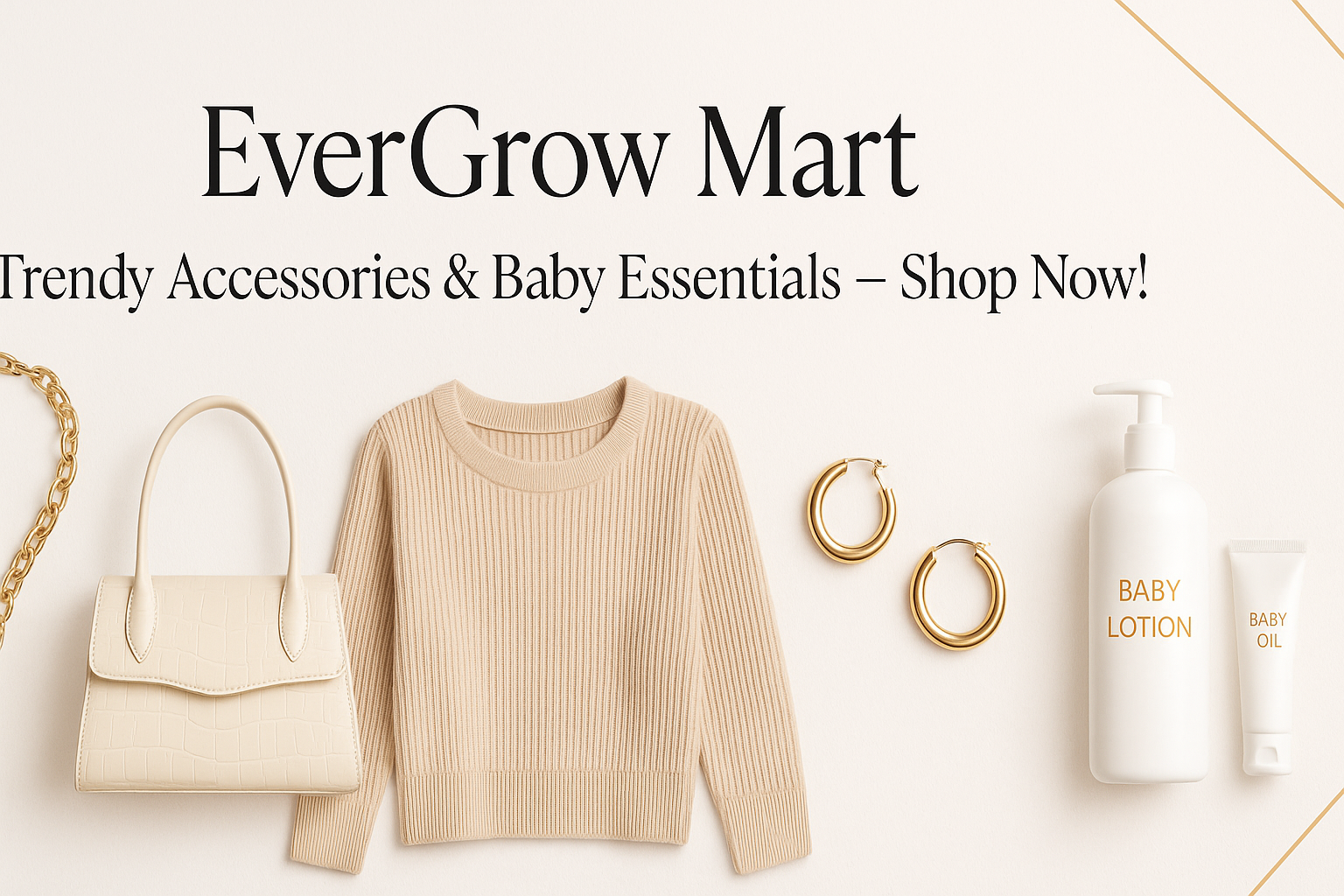 Design a shopify store banner selling accessories clothes and baby care, so i need a banner for it
The store name is EverGrow Mart, and the color should be white and gold, make it luxury and minimal. Text on the banner should be : Trendy Accessories & Baby Essentials – Shop Now!, you can use this size 1920x700
