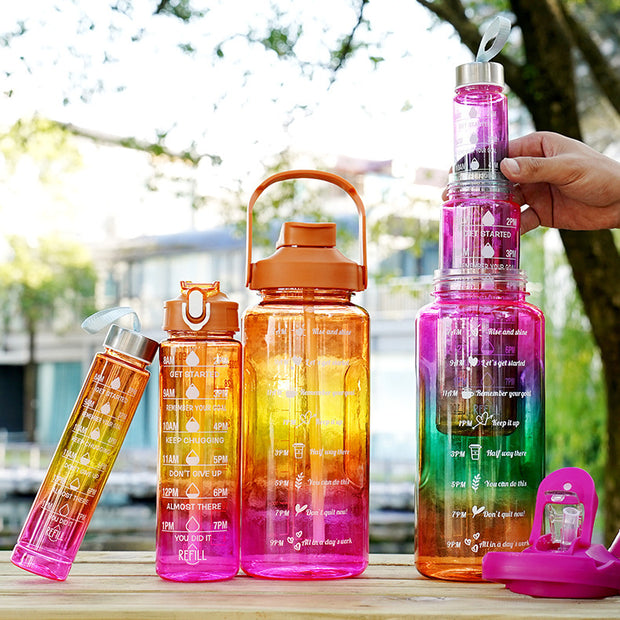 3-in-1 Gradient Color Motivational Water Bottles Set Plastic Straw Double Drink Translucent Outdoor Sports Bottle