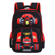 Black and red backpack with car design on a white background
