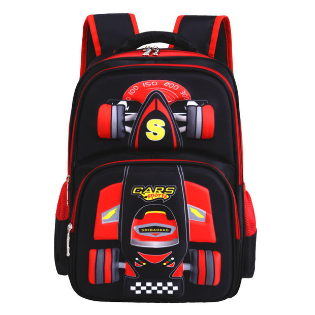 Black and red backpack with car design on a white background