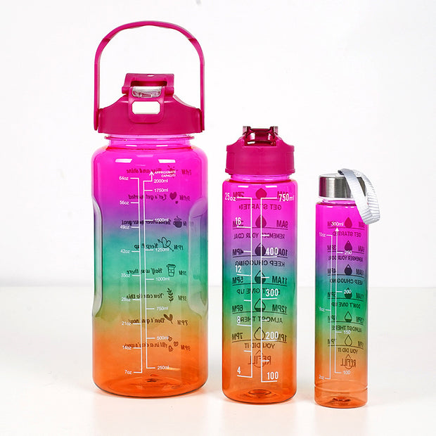 3-in-1 Gradient Color Motivational Water Bottles Set Plastic Straw Double Drink Translucent Outdoor Sports Bottle