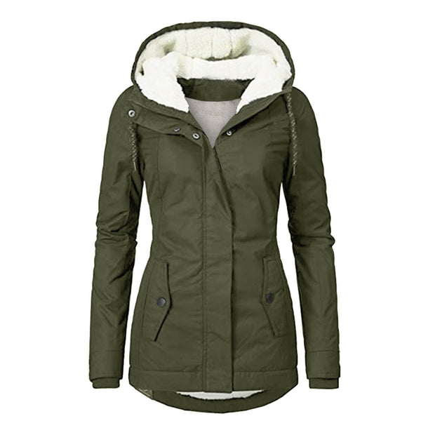 Winter Hooded Jacket Solid Color Warm Buckle Zip-up Fleece Jacket With Pockets Women's Casual Jacket