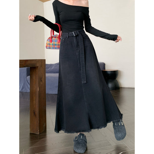 Washed Denim Long Skirts Tall Skirt